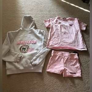 White Fox Boutique Pink and White Hoodie and Shorts Set